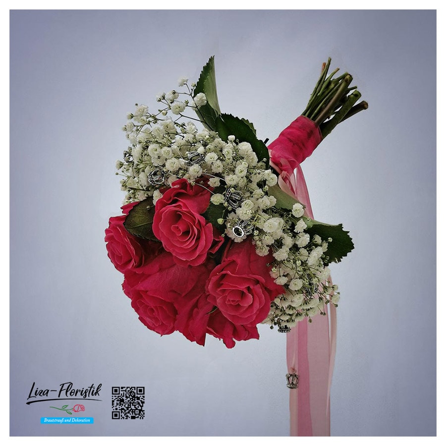 Hochzeit - Brautstrauß mit roten Rosen und weißem Schleierkraut