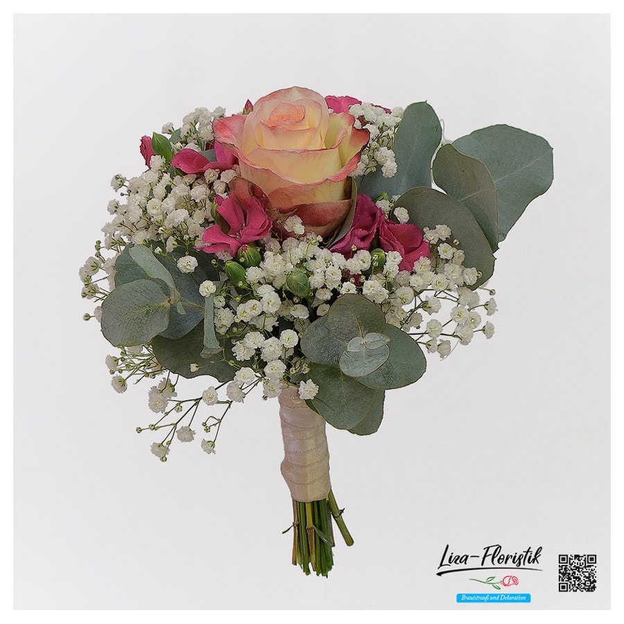 Hochzeit - Blumenstrauß der Trauzeugin mit Ecuador Rose, Mininelke, Eukalyptus und Schleierkraut