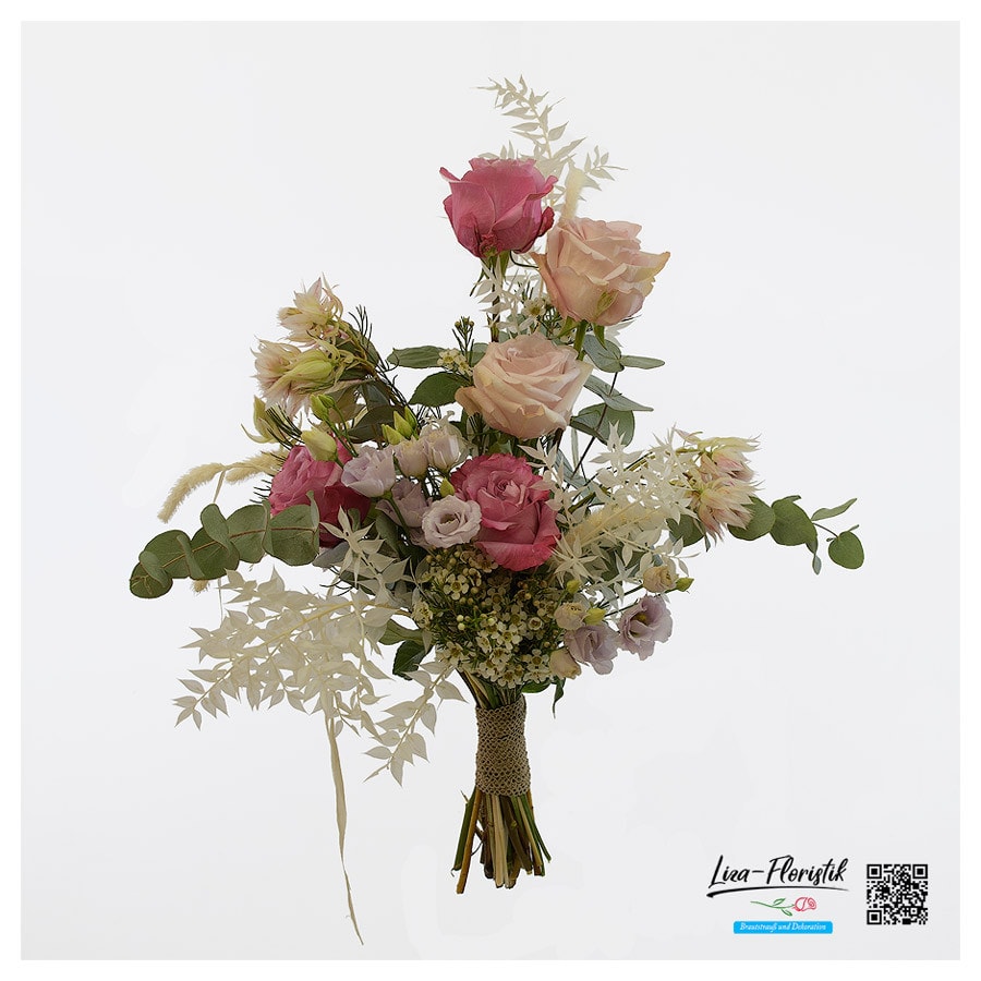 Brautstrauß mit Ecuador Rosen, Lisianthus, Wachsblumen, Ruscus und Eukalyptus