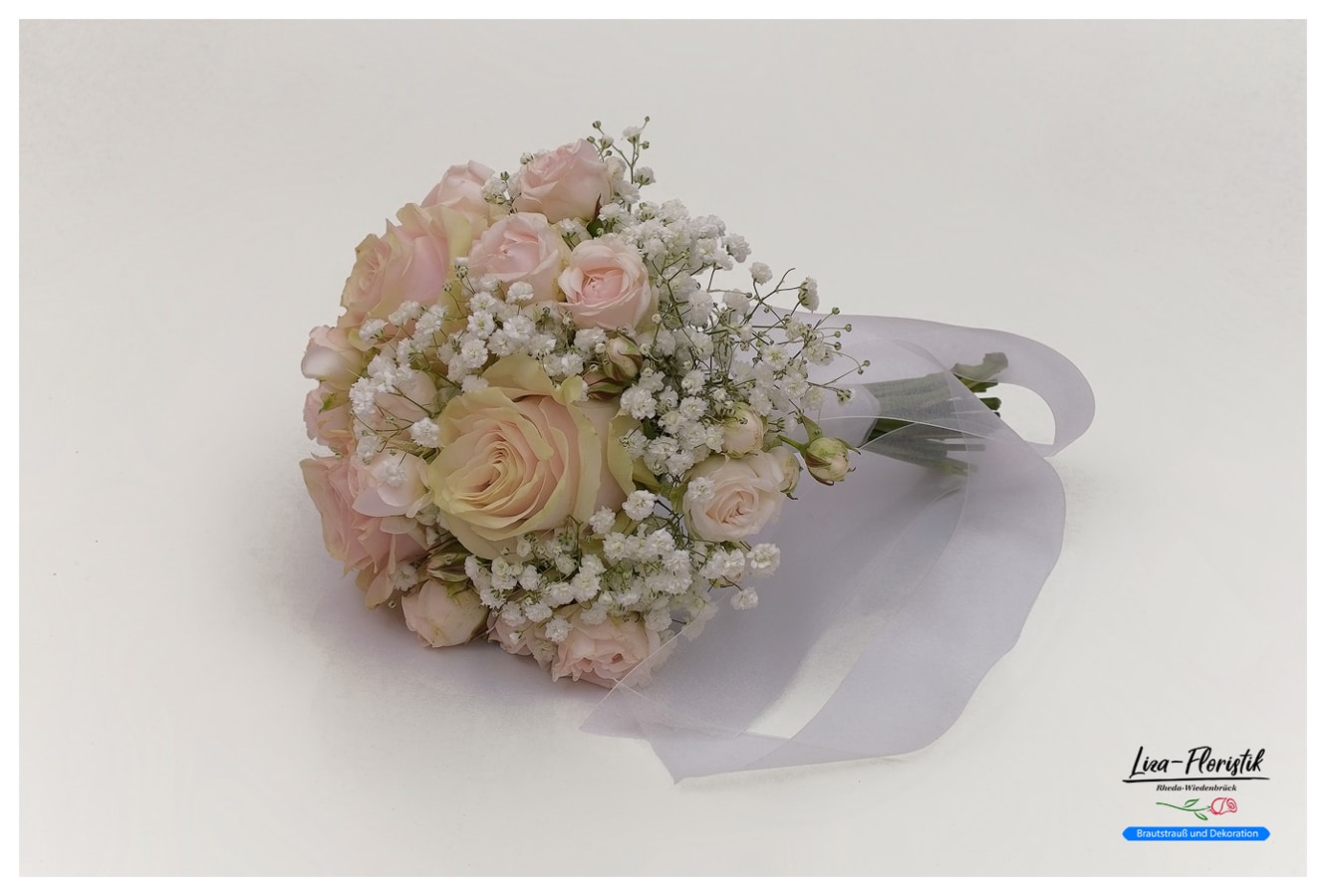 Brautstrauß mit rosa Polyantharosen, Ecuador Rosen Pink Mondial und Schleierkraut