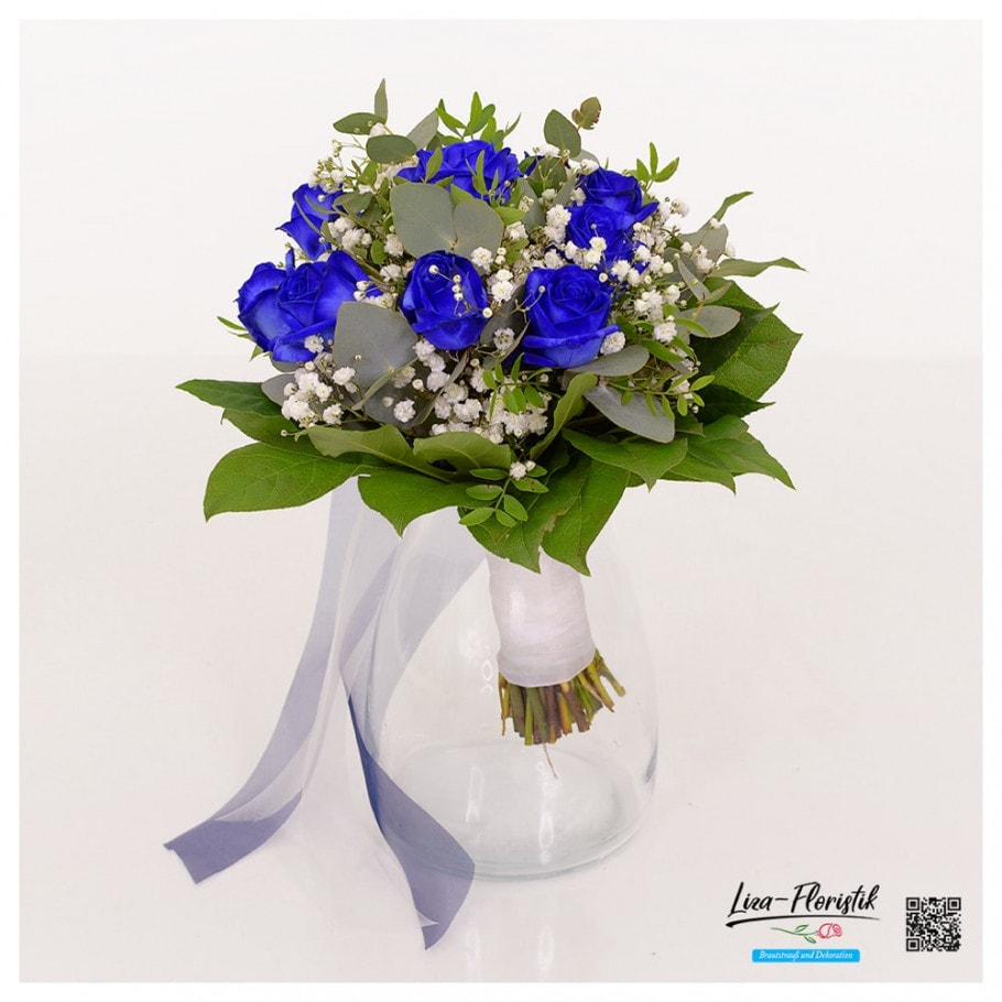Hochzeit - Brautstrauß mit blauen Rosen, Eukalyptus und weißem Schleierkraut