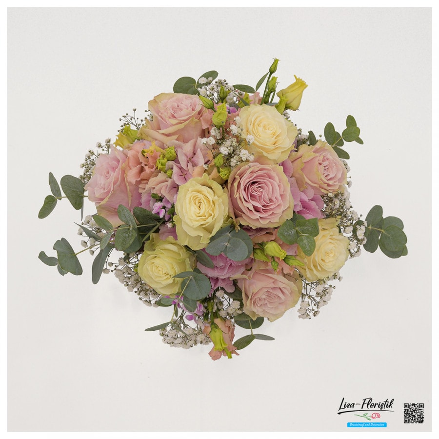 Brautstrauß mit Lisianthus, Rosen und Schleierkraut - Draufsicht
