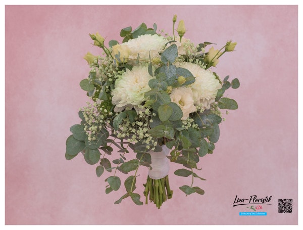 Brautstrauß mit Chrysanthemen, Lisianthus, Eukalyptus, Bartnelken und Schleierkraut
