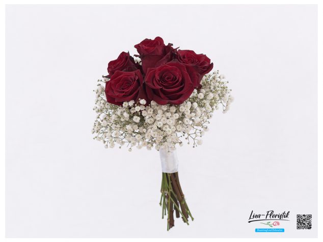 Brautbouquet mit roten Rosen und Schleierkraut