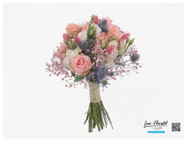 Brautstrauß mit Trockenblumen, Lisianthus, Rosen und Schleierkraut