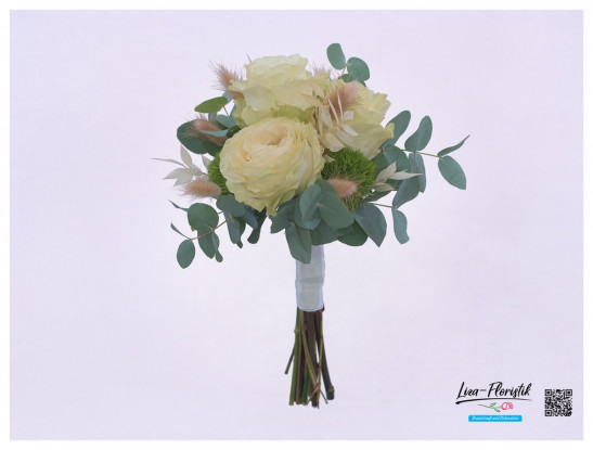 Brautstrauß mit Trockenblumen, Rosen, Bartnelken und Eukalyptus