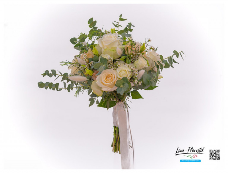 Brautbouquet mit Lisianthus, Rosen und Eukalyptus