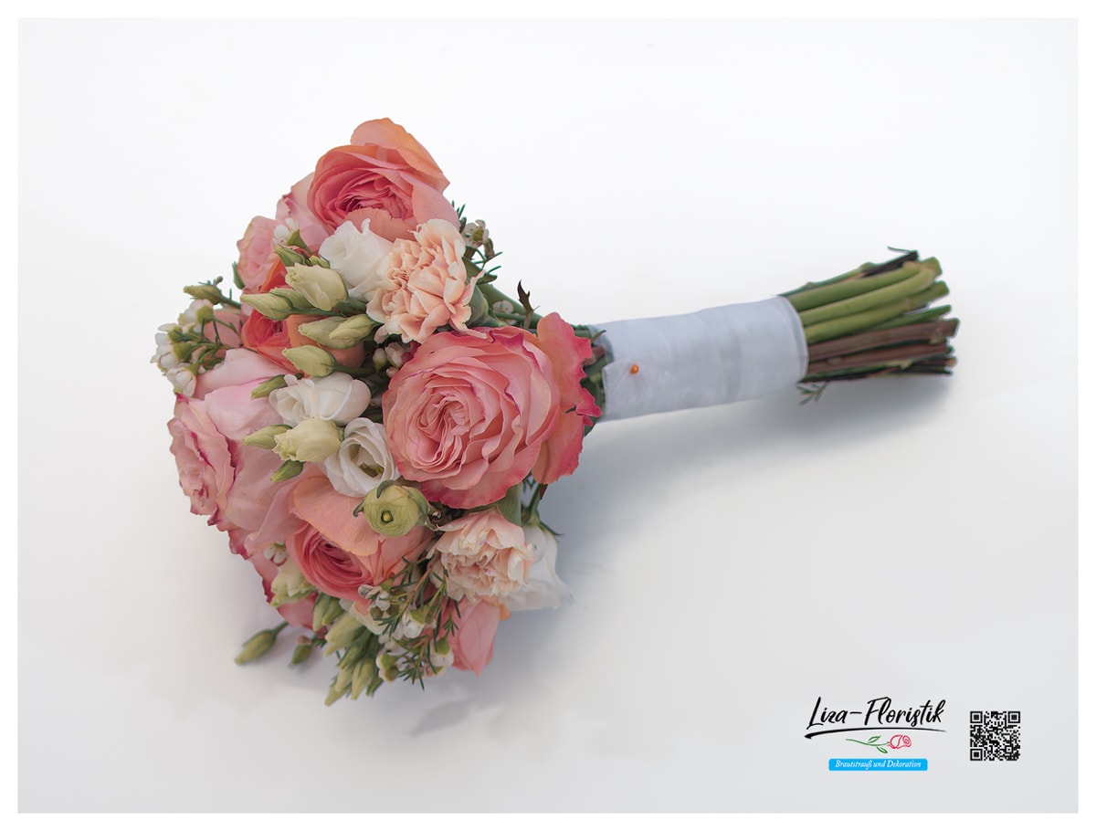 Brautstrauß mit Lisianthus, Rosen, Wachsblumen und Ranunkeln