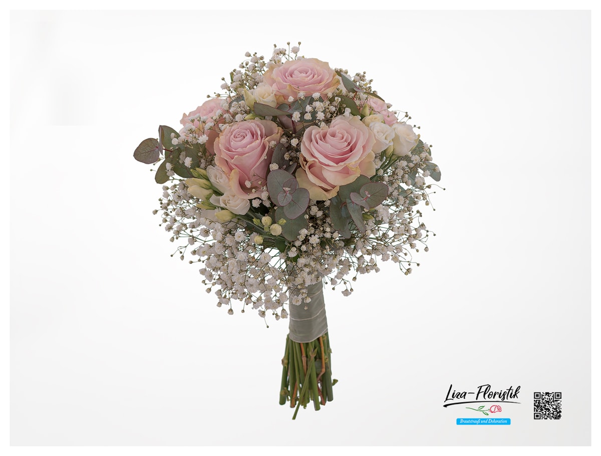 Brautstrauß mit rosa Rosen, Lisianthus, weißem Schleierkraut und Eukalyptus
