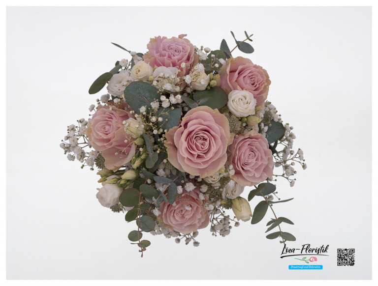 Brautstrauß mit Rosen, Lisianthus, Eukalyptus, Astrantia im Detail