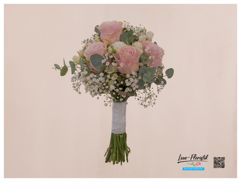Brautstrauß mit Astrantia, Rosen, Lisianthus, Eukalyptus und Schleierkraut