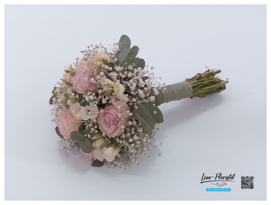 Brautstrauß mit Rosen, Lisianthus, Schleierkraut und Eukalyptus - Seite