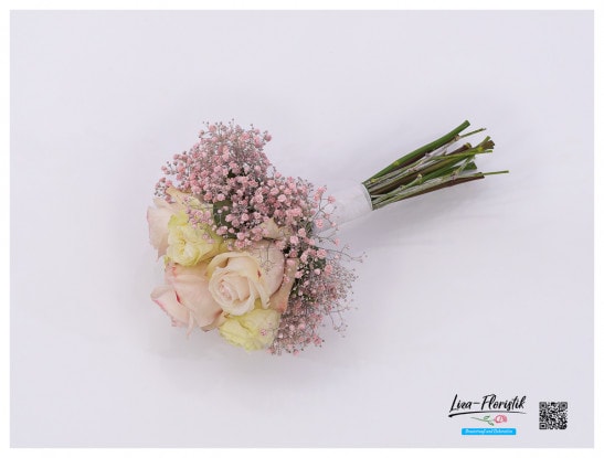 Brautbouquet mit gelben und rosa Rosen, sowie rosa Schleierkraut
