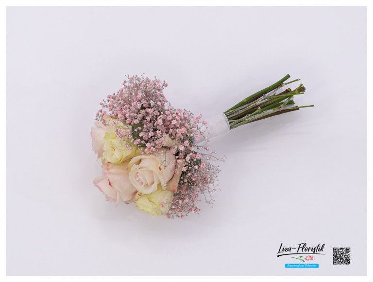Brautbouquet mit gelben und rosa Rosen, sowie rosa Schleierkraut