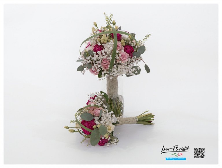 Brautstrauß und Wurfstrauß mit Lisianthus und Rosen