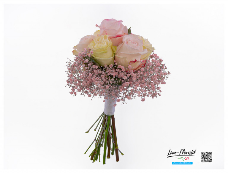 Brautstrauß mit gelben/rosa Rosen und Schleierkraut