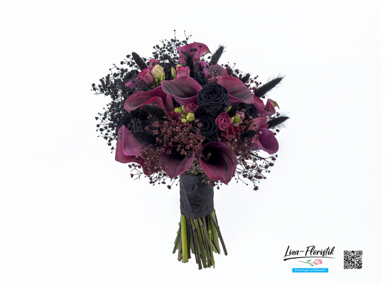 Brautstrauß mit schwarzen Rosen, Calla, Lisianthus, vorne