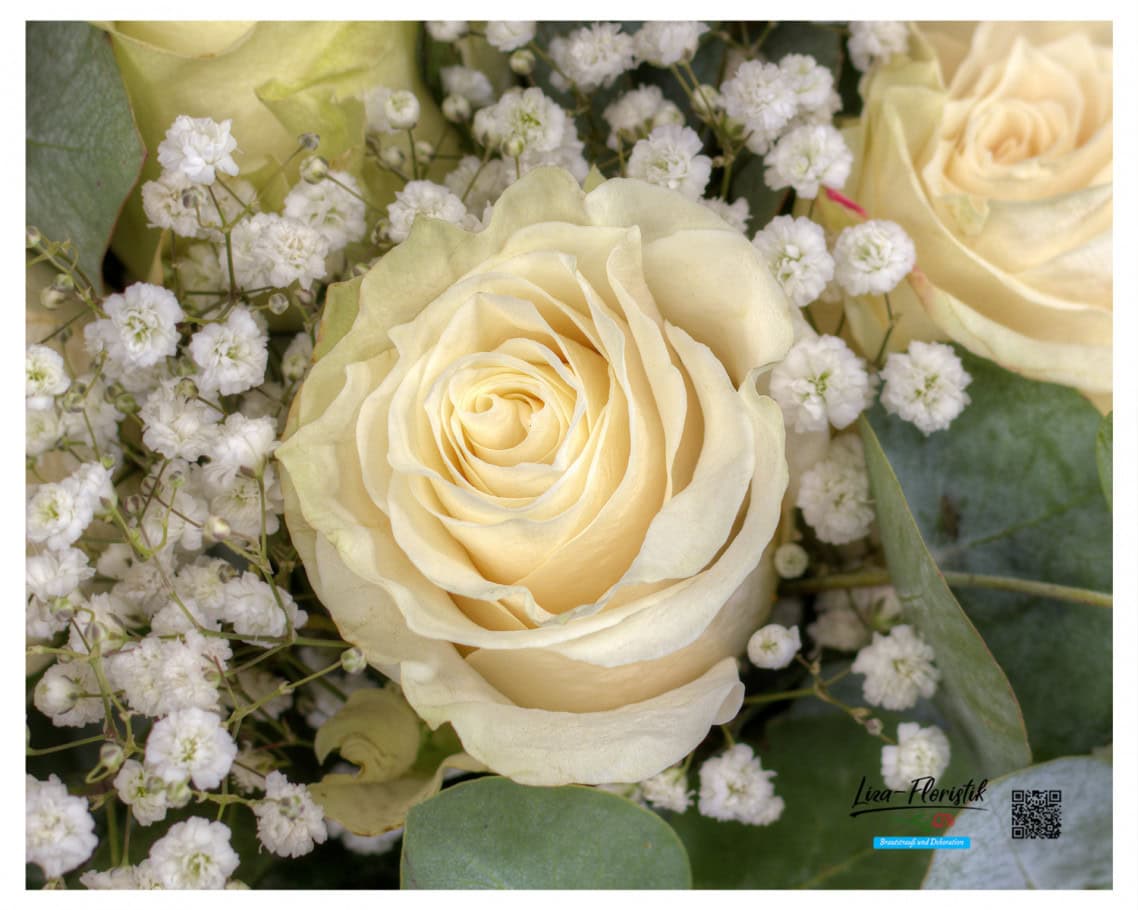 Brautstrauß mit Ecuador Rose Mondial, weißem Schleierkraut und Eukalyptus im Detail
