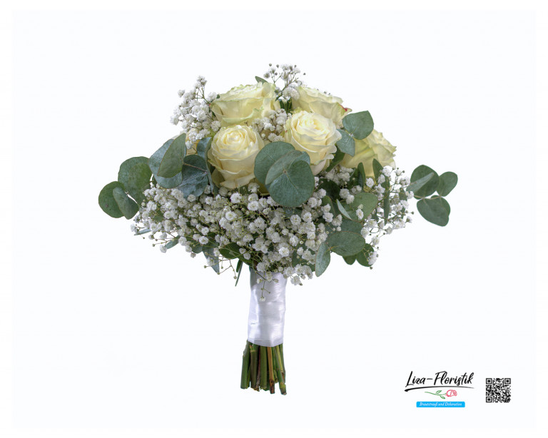 Eleganter Brautstrauß aus Ecuador Rosen Mondial, kombiniert mit weißem Schleierkraut und grünen Eukalyptusblättern