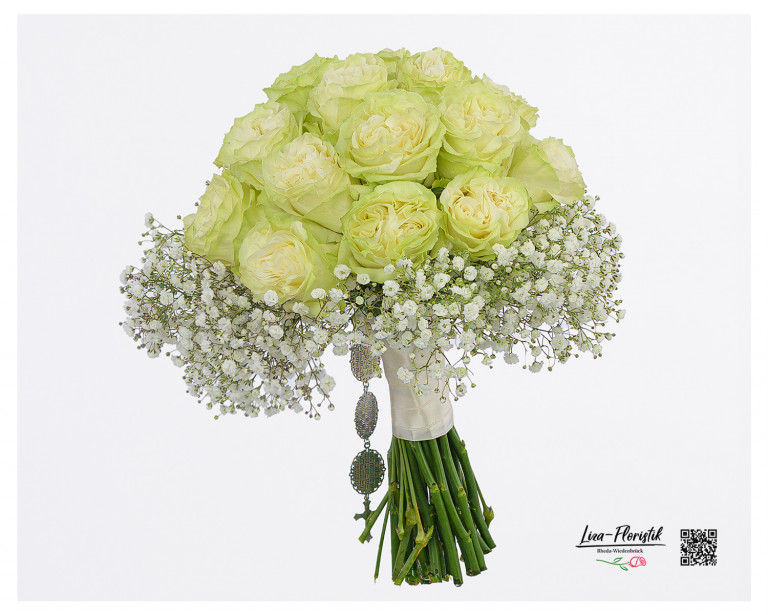 Brautbouquet - Die eleganten Moonstone-Rosen stehen im Mittelpunkt dieses harmonisch arrangierten Brautstraußes.