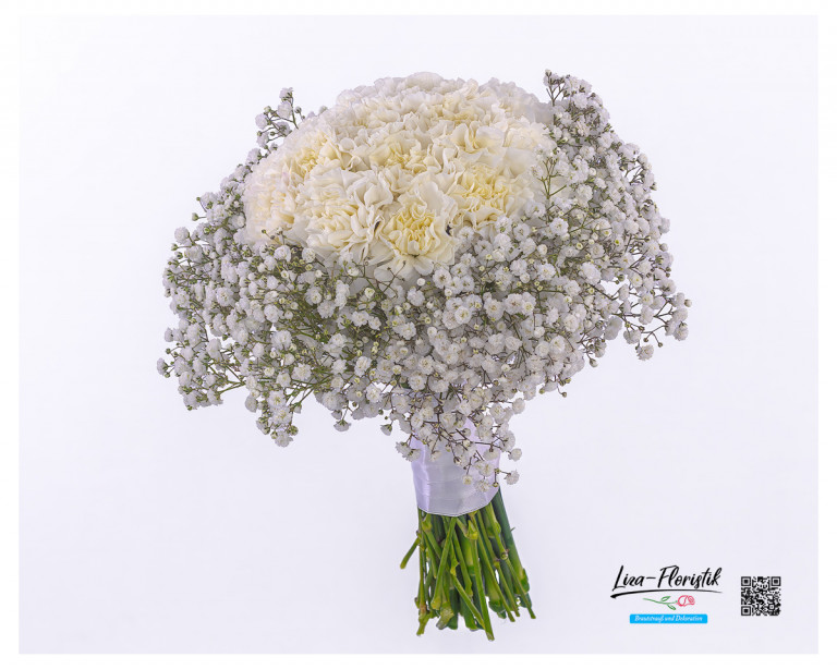 Mit seinen üppigen weißen Nelken und dem feinen Schleierkraut strahlt dieser Brautstrauß schlichte Raffinesse aus und passt ideal zu einer eleganten, modernen Hochzeit.