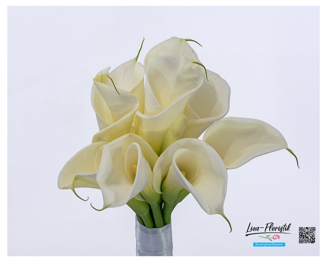 Detailaufnahme eines Brautstraußes mit weißen Calla, elegant gebunden mit weißem Satinband – die edle Blütenform kommt besonders gut zur Geltung. Perfekt für eine stilvolle Hochzeitsfloristik.