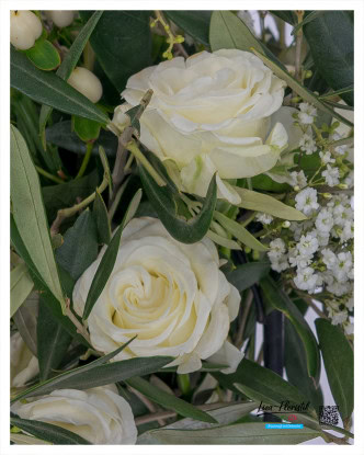 Nahaufnahme cremefarbener Polyantharosen mit weichen Blütenblättern – eingebettet in grünes Blattwerk für einen eleganten, natürlichen Look.