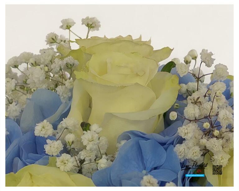 Im Detail: cremefarbene Ecuador Rose Mondial, blaue Hortensien und weißes Schleierkraut – ein elegantes Zusammenspiel, das Romantik und Harmonie verkörpert.